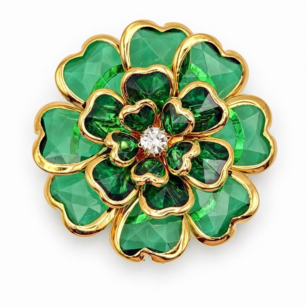 Green Crystal Flower Button Cover Gold Tone No-Sew Shirt Blouse Clip New
